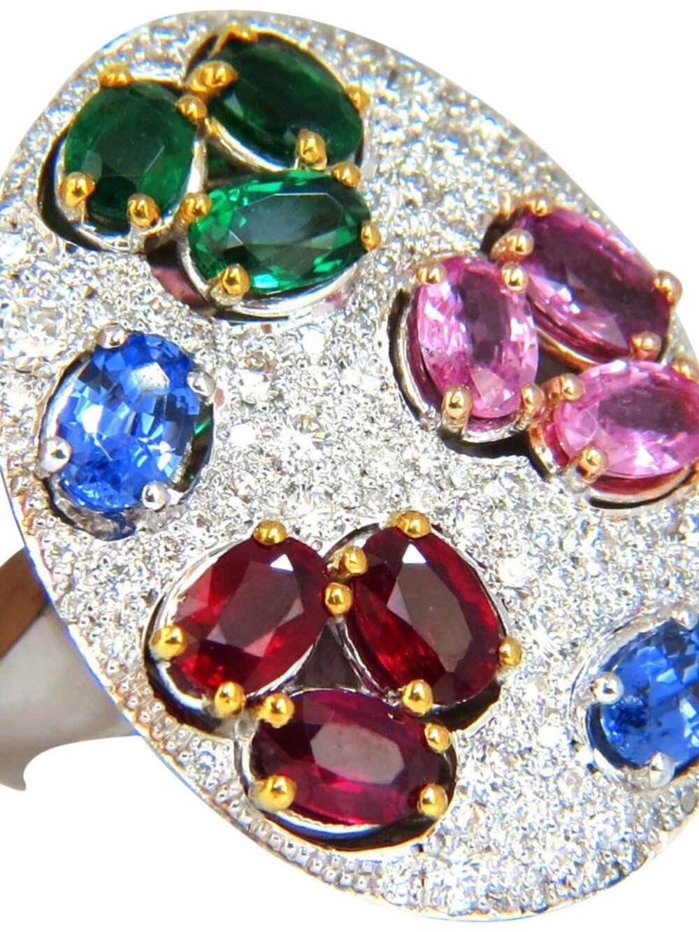 7.26CT NATURAL SAPPHIRE EMERALD RUBY DIAMONDS SECTIONAL COCKTAIL RING 18KT*